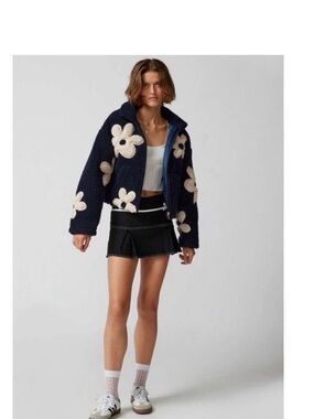 Blank NYC Navy Teddy Jacket with Cream Floral Appliqués